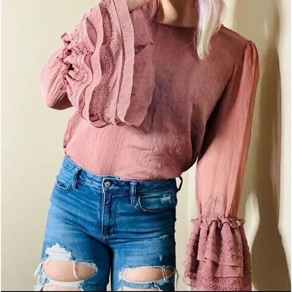 Stellah Tops - Stellah Dusty Pink/Rose Layered Semi-Sheer Exaggerated Sleeve Top Size Large
